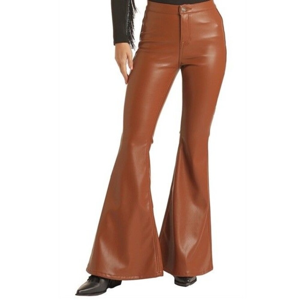 Rock & Roll Denim Bargain Button Bell Brown Faux Leather Pants 27x32‎